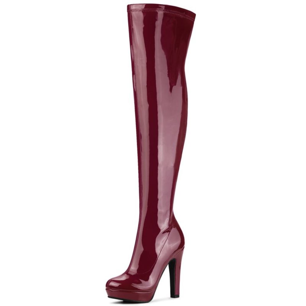 Platform Round Toe Chunky Heels Burgundy Over The Knee High Halloween Boots